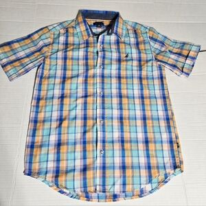 Orange Blue White Plaid Nautica Short Sleeve Button Down Boys L 14/16